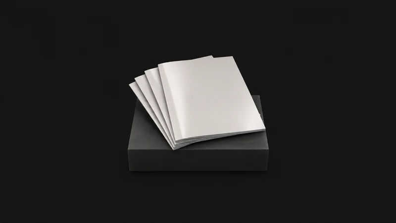 Isolated a stack of glossy blank property brochures fanned on a plinth centred on a seamless deep charcoal near-black studio background, generous empty margin on every side for overlaid branding