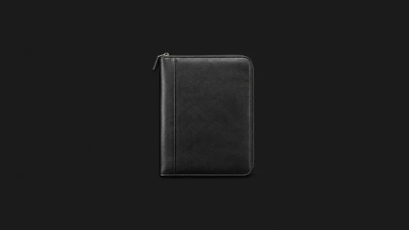 Isolated a black leather portfolio case with a zip closure centred on a seamless deep charcoal near-black studio background, generous empty margin on every side for overlaid branding