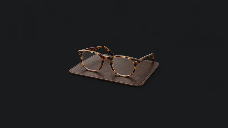 Isolated a tortoiseshell-framed pair of reading spectacles on a leather blotter centred on a seamless deep charcoal near-black studio background, generous empty margin on every side for overlaid branding