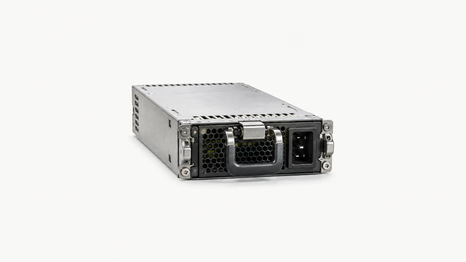 Isolated a redundant server power supply module with its handle centred on a seamless pale off-white studio background, generous empty margin on every side for overlaid branding