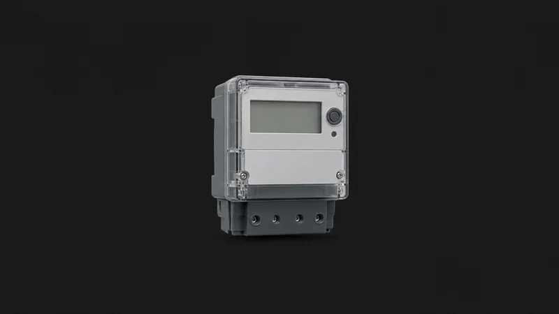 Isolated a bidirectional energy meter with a blank display centred on a seamless deep charcoal near-black studio background, generous empty margin on every side for overlaid branding