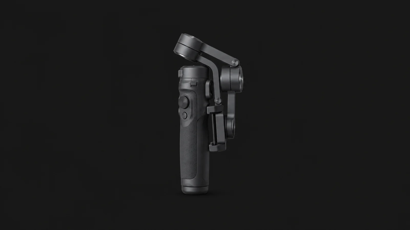 Isolated a handheld gimbal stabiliser folded for transport centred on a seamless deep charcoal near-black studio background, generous empty margin on every side for overlaid branding