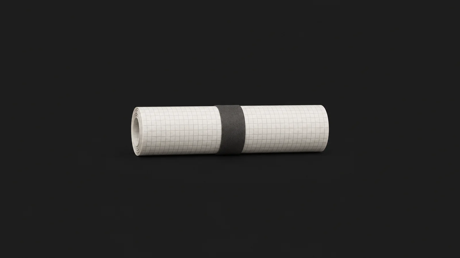 Isolated a rolled roll of printed grid paper held with a band centred on a seamless deep charcoal near-black studio background, generous empty margin on every side for overlaid branding