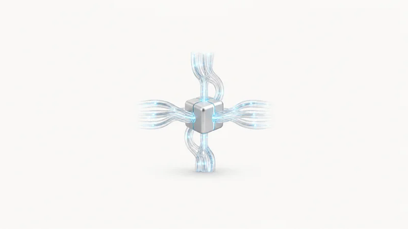 Abstract an intertwined lattice of glowing transaction streams converging on a ledger node motif centred on a seamless pale off-white studio background, generous empty margin for overlaid branding