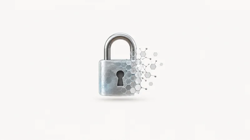 Abstract a padlock geometry dissolving into a hexagonal mesh motif centred on a seamless pale off-white studio background, generous empty margin for overlaid branding