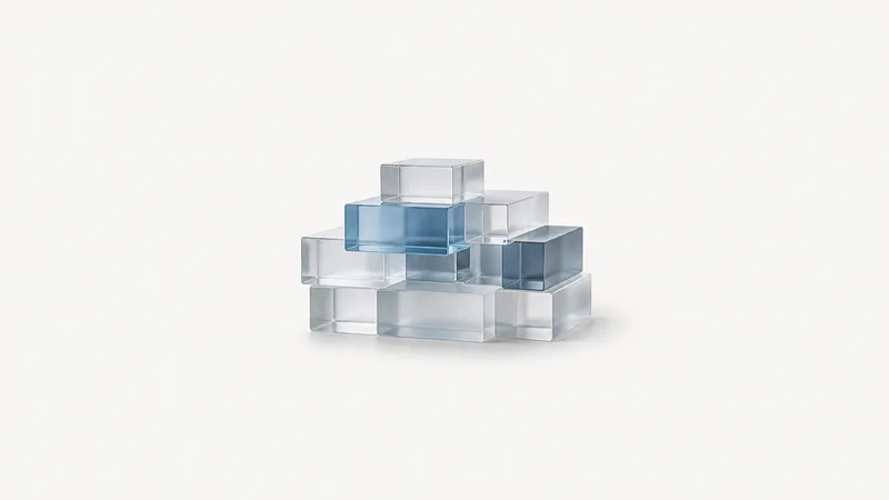 Abstract stacked translucent container-block layers motif centred on a seamless pale off-white studio background, generous empty margin for overlaid branding