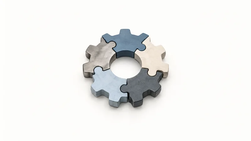 Abstract interlocking gear-like modules forming a flat circular workflow motif centred on a seamless pale off-white studio background, generous empty margin for overlaid branding