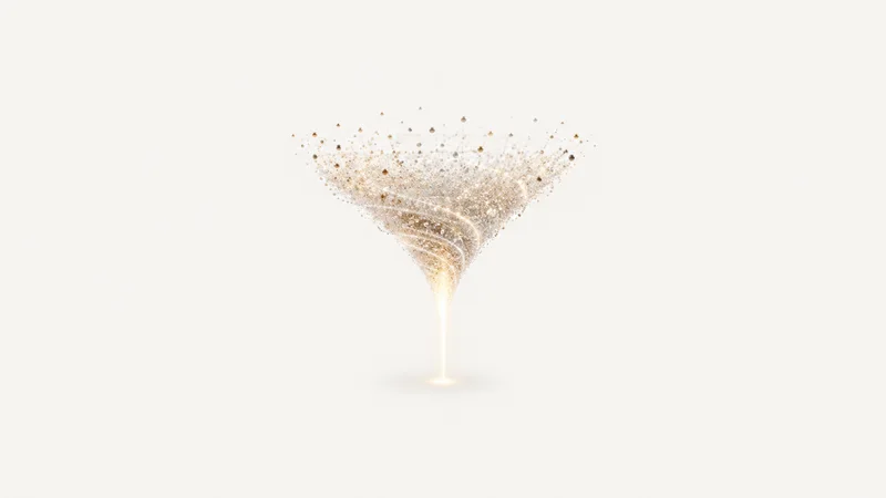Abstract a funnel of light-particles narrowing into a single beam motif centred on a seamless pale off-white studio background, generous empty margin for overlaid branding