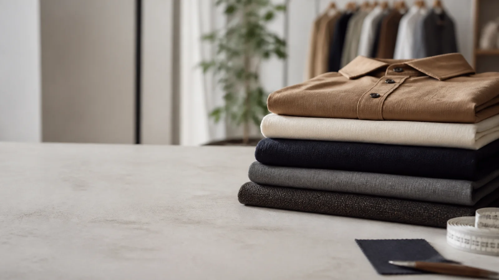 Close, clean detail of the neatly folded garments on a table, soft even indoor light, no people in frame