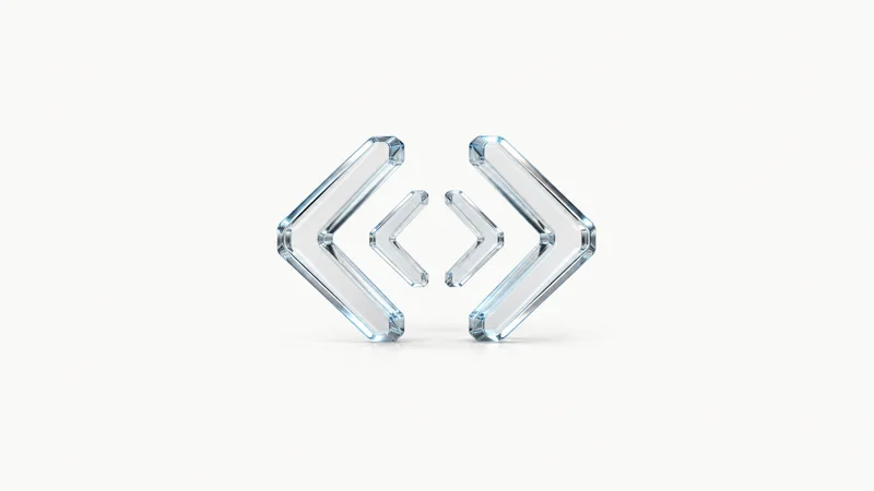 Abstract nested angle brackets of glowing glass receding into depth motif centred on a seamless pale off-white studio background, generous empty margin for overlaid branding