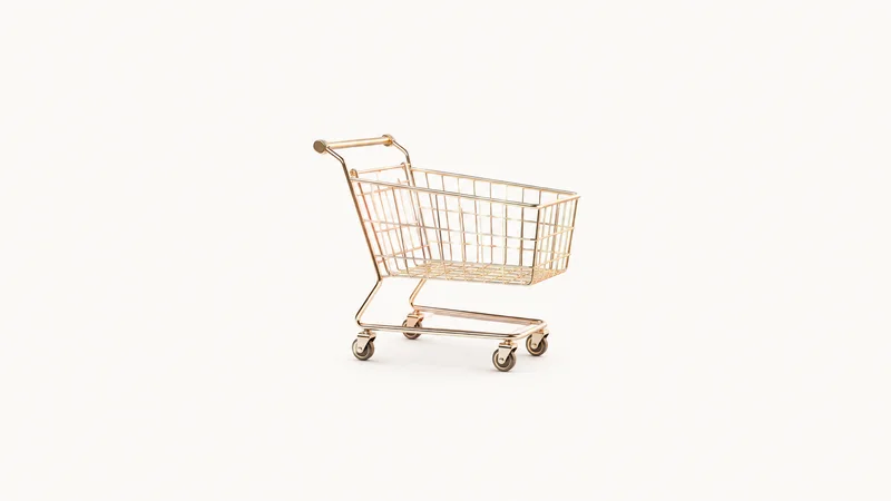 Abstract a shopping-cart geometry built from glowing wireframe lines motif centred on a seamless pale off-white studio background, generous empty margin for overlaid branding
