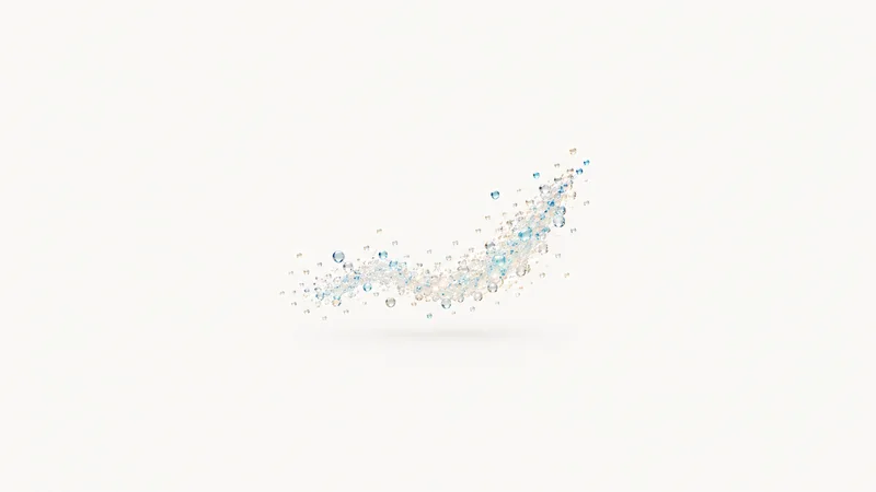 Abstract a floating cloud of glowing scatter points forming a rising trend motif centred on a seamless pale off-white studio background, generous empty margin for overlaid branding
