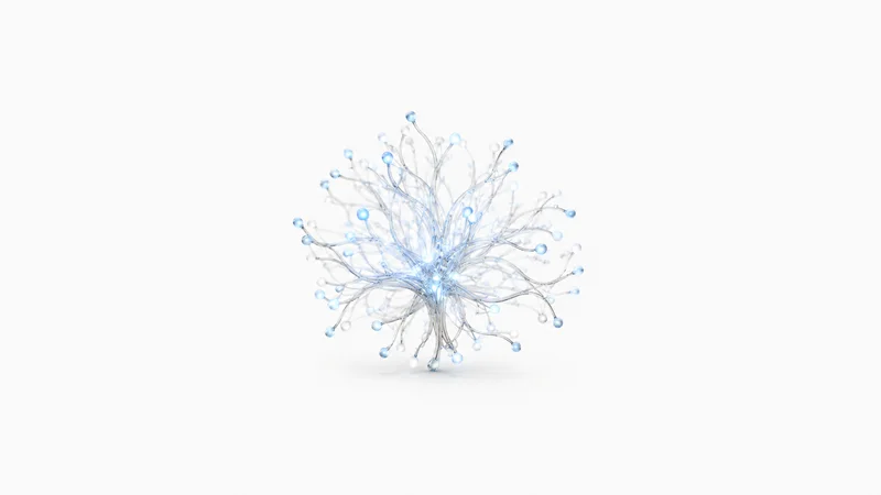 Abstract a branching neural lattice of glowing nodes in cool light motif centred on a seamless pale off-white studio background, generous empty margin for overlaid branding
