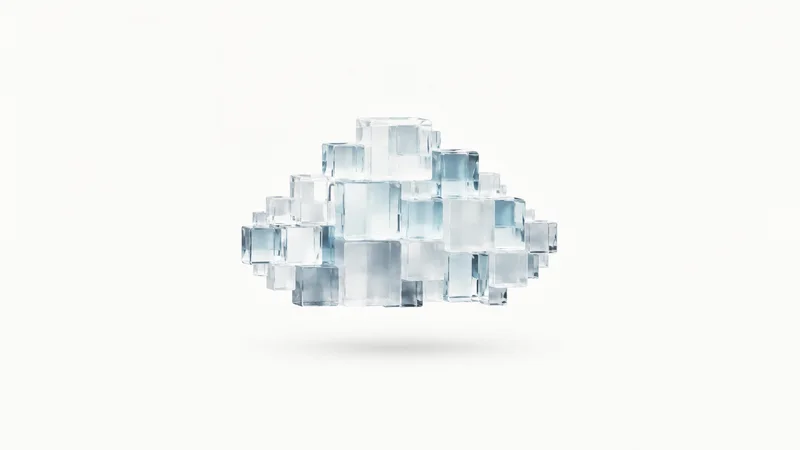 Abstract a floating cloud form built from stacked translucent cubes motif centred on a seamless pale off-white studio background, generous empty margin for overlaid branding