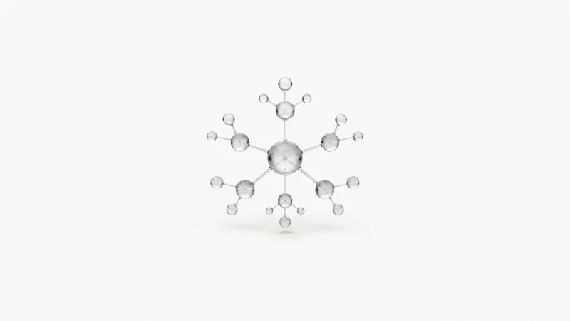 Abstract an org-chart lattice of translucent nodes fanning out from a single point motif centred on a seamless pale off-white studio background, generous empty margin for overlaid branding