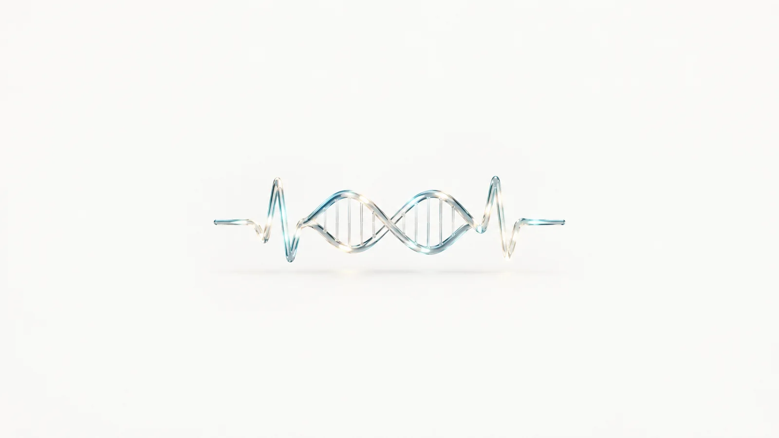 Abstract a heartbeat trace of light folded into a helix motif centred on a seamless pale off-white studio background, generous empty margin for overlaid branding