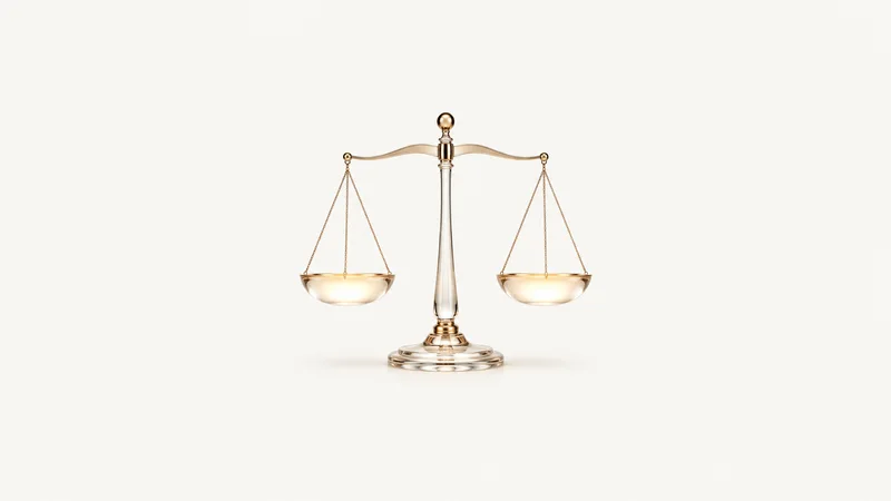 Abstract a balanced scale of light with glowing pans held in perfect symmetry motif centred on a seamless pale off-white studio background, generous empty margin for overlaid branding