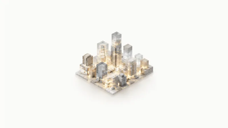 Abstract an isometric grid of translucent building blocks lit from within motif centred on a seamless pale off-white studio background, generous empty margin for overlaid branding