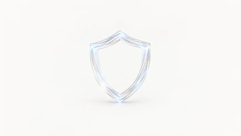 Abstract a translucent shield outline formed from converging lines of light motif centred on a seamless pale off-white studio background, generous empty margin for overlaid branding
