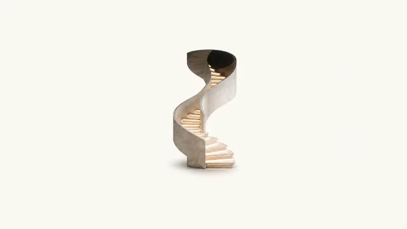 Abstract a spiral staircase of glowing steps ascending into darkness motif centred on a seamless pale off-white studio background, generous empty margin for overlaid branding
