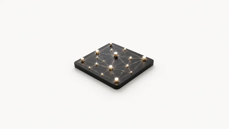 Abstract a mesh of glowing sensor nodes across a dark plane motif centred on a seamless pale off-white studio background, generous empty margin for overlaid branding