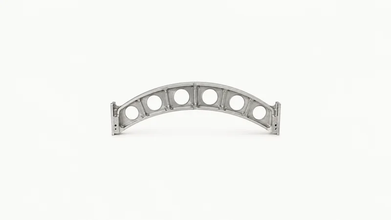 Isolated a machined aluminium fuselage frame segment with lightening holes centred on a seamless pale off-white studio background, generous empty margin on every side for overlaid branding
