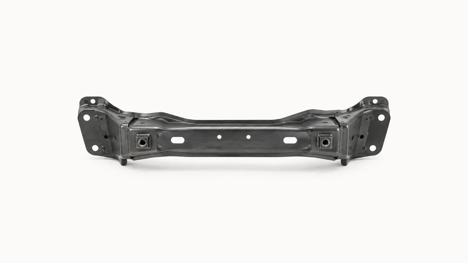 Isolated a stamped car chassis crossmember with weld nuts centred on a seamless pale off-white studio background, generous empty margin on every side for overlaid branding