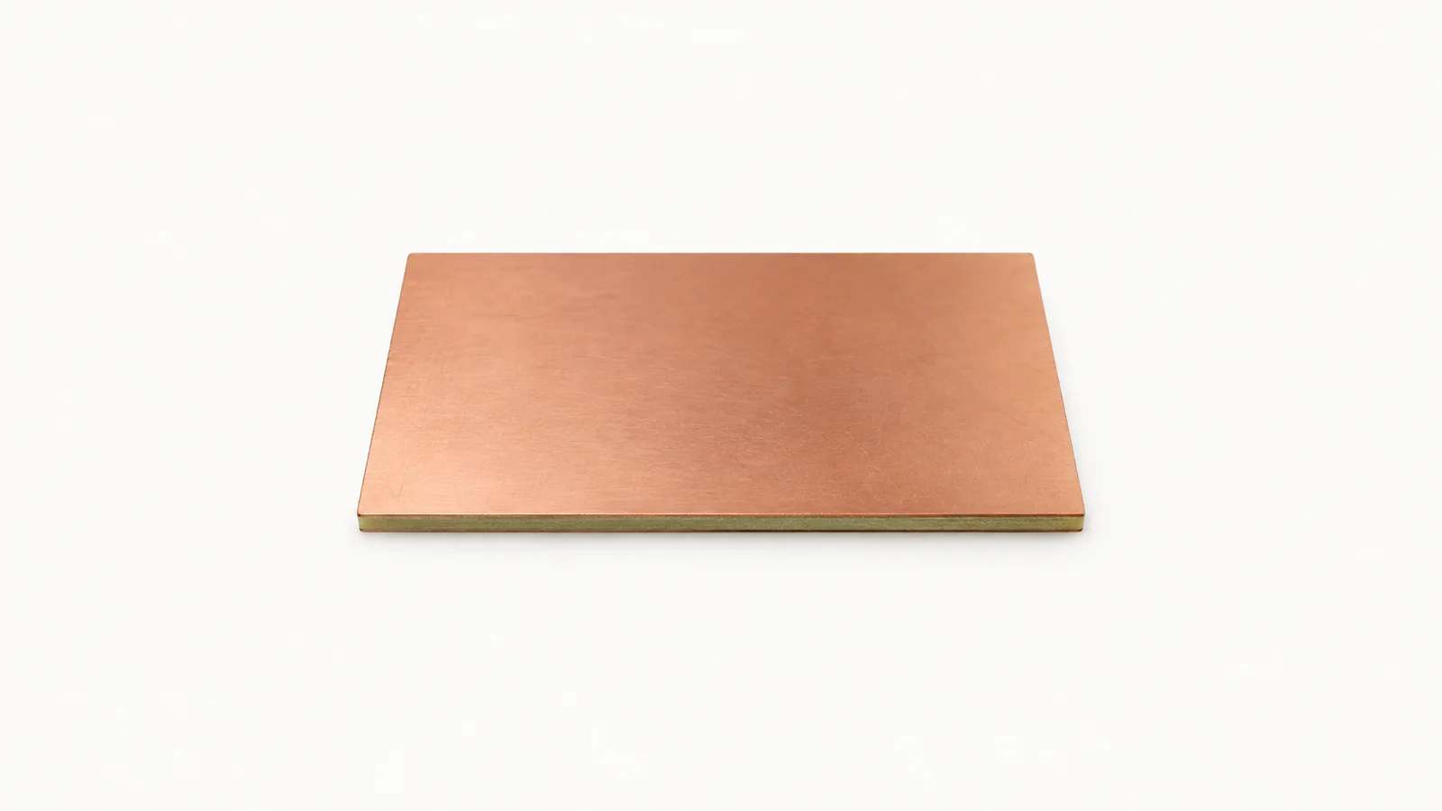 Isolated a bare copper-clad laminate panel centred on a seamless pale off-white studio background, generous empty margin on every side for overlaid branding