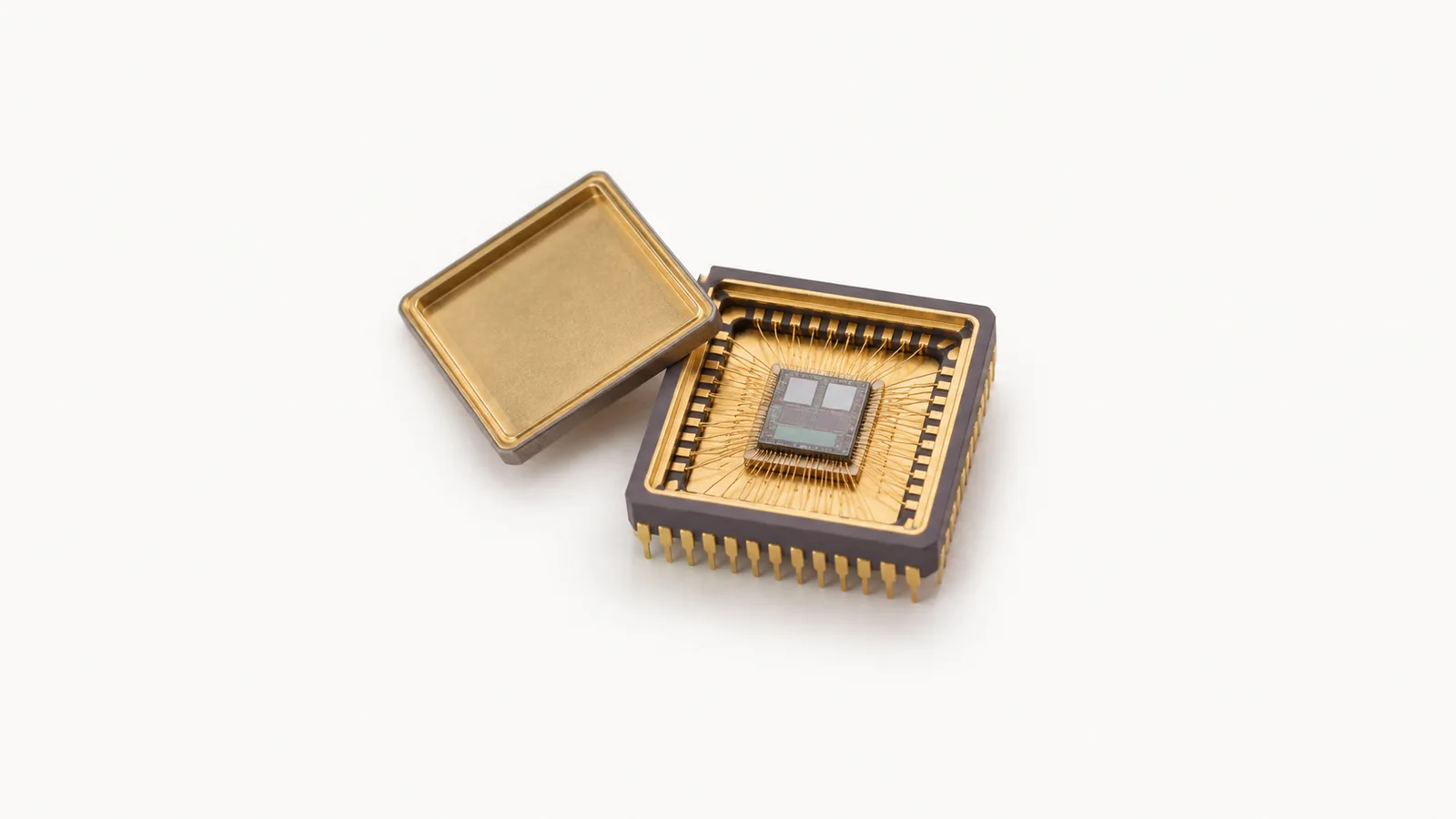 Isolated a ceramic chip package with an exposed lid centred on a seamless pale off-white studio background, generous empty margin on every side for overlaid branding