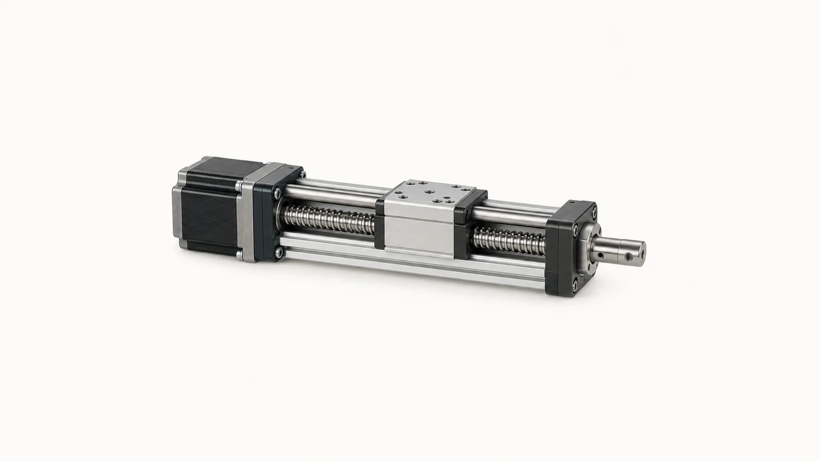 Isolated a linear actuator with a ball-screw drive centred on a seamless pale off-white studio background, generous empty margin on every side for overlaid branding