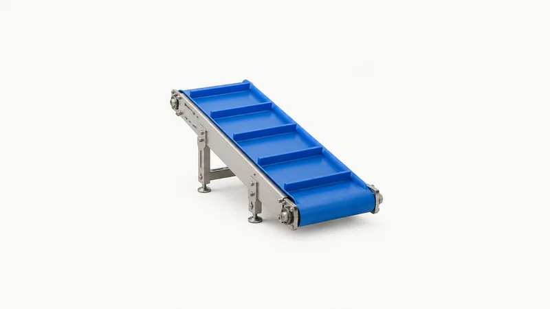 Isolated a blue food-grade conveyor belt section with cleats centred on a seamless pale off-white studio background, generous empty margin on every side for overlaid branding