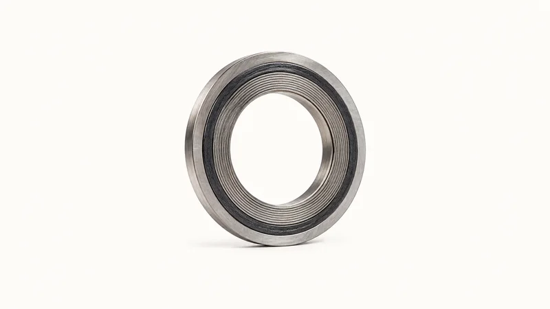 Isolated a pipe-flange gasket in spiral-wound steel centred on a seamless pale off-white studio background, generous empty margin on every side for overlaid branding