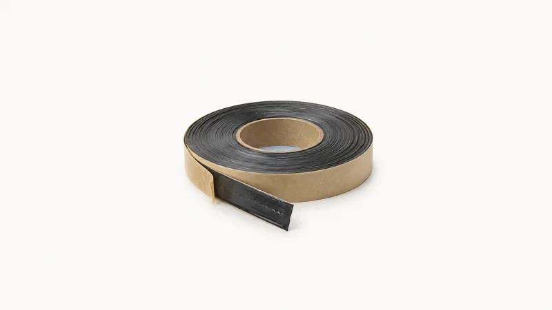 Isolated a strip of vacuum-bag sealant tape on a backing reel centred on a seamless pale off-white studio background, generous empty margin on every side for overlaid branding