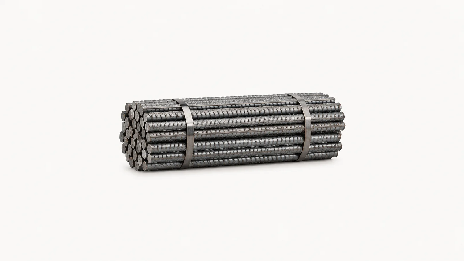 Isolated a bundle of steel rebar cut to length centred on a seamless pale off-white studio background, generous empty margin on every side for overlaid branding