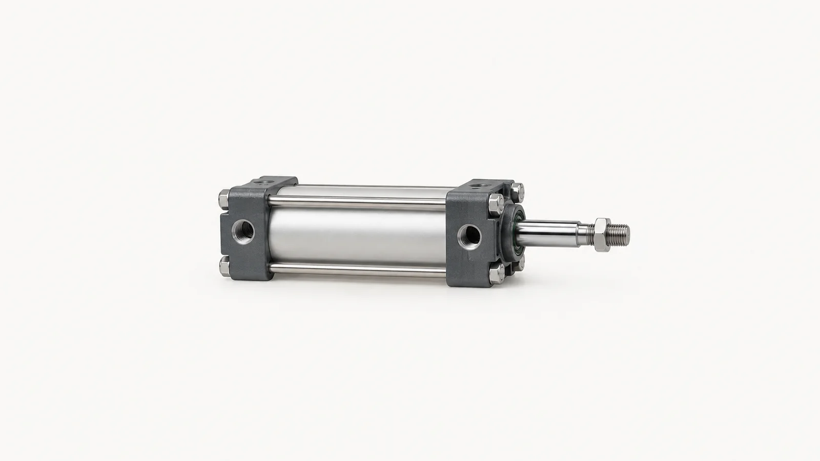 Isolated a pneumatic cylinder with a chrome rod centred on a seamless pale off-white studio background, generous empty margin on every side for overlaid branding