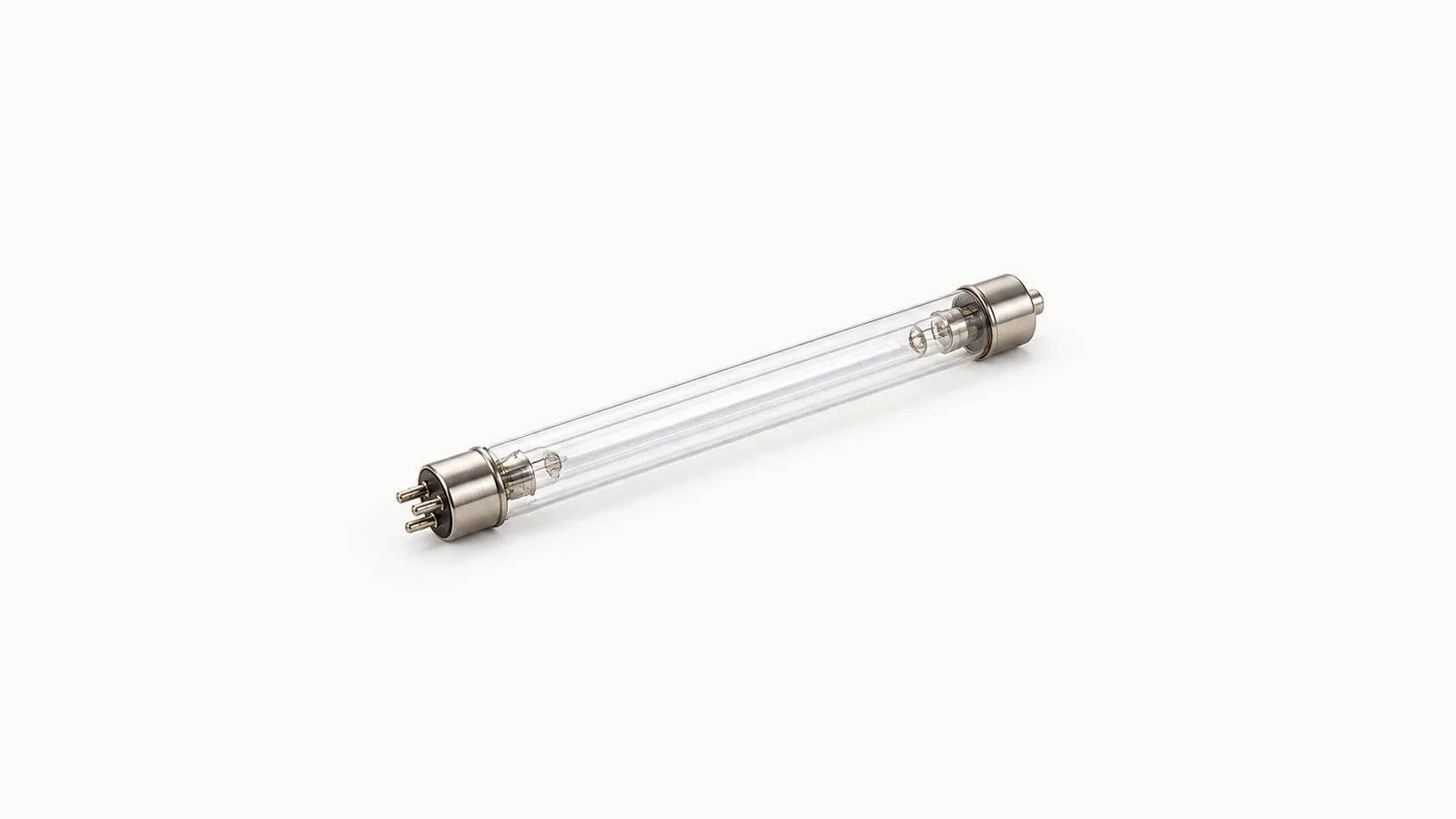 Isolated an ultraviolet lamp tube in a quartz sleeve centred on a seamless pale off-white studio background, generous empty margin on every side for overlaid branding