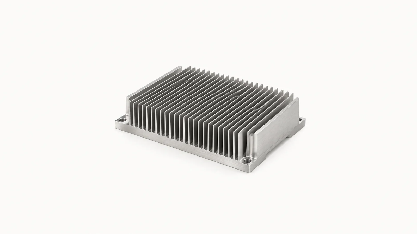 Isolated a machined heat sink with fine parallel fins centred on a seamless pale off-white studio background, generous empty margin on every side for overlaid branding