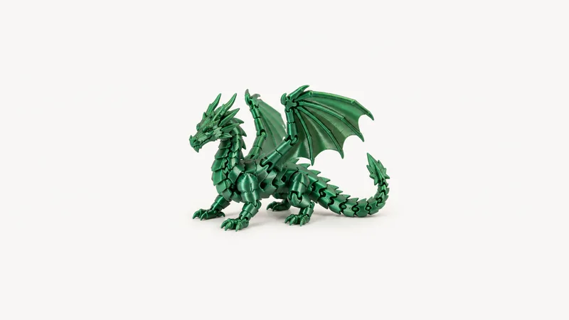 Isolated a print-in-place articulated dragon model in metallic green filament centred on a seamless pale off-white studio background, generous empty margin on every side for overlaid branding
