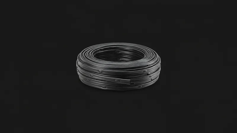 Isolated a coiled length of drip-irrigation tape with punched emitters centred on a seamless deep charcoal near-black studio background, generous empty margin on every side for overlaid branding