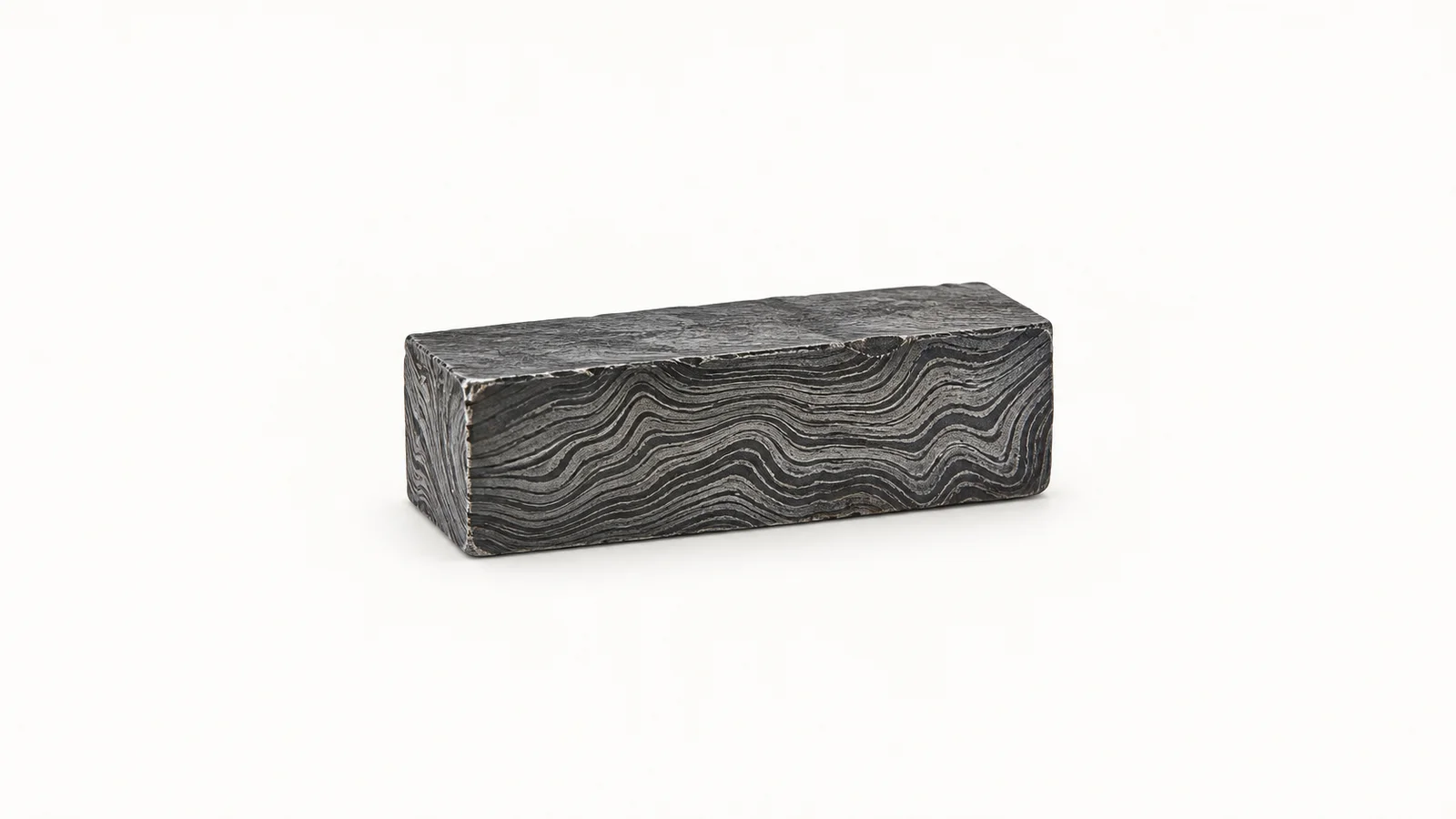 Isolated a forge-welded damascus billet with etched wavy layer pattern centred on a seamless pale off-white studio background, generous empty margin on every side for overlaid branding