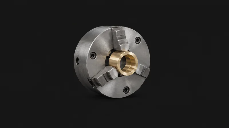 Isolated a three-jaw lathe chuck holding a turned brass bushing centred on a seamless deep charcoal near-black studio background, generous empty margin on every side for overlaid branding
