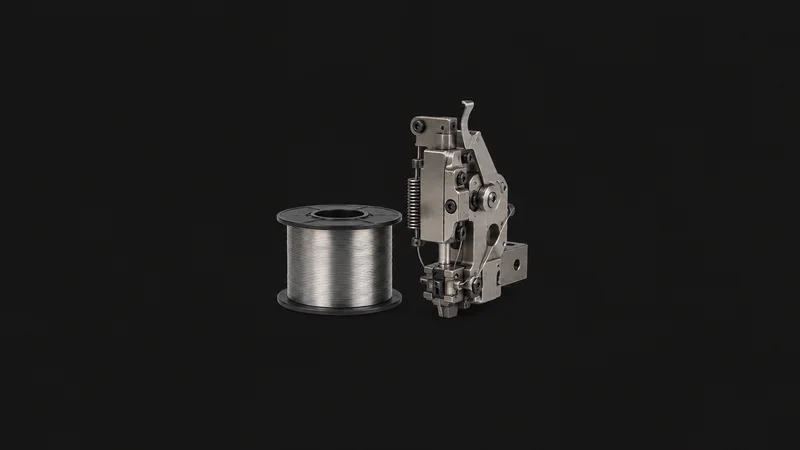 Isolated a spool of saddle-stitch wire beside a stitching head centred on a seamless deep charcoal near-black studio background, generous empty margin on every side for overlaid branding