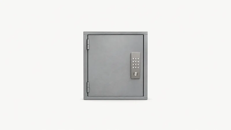 Isolated a parcel-locker steel door with a keypad panel and no display centred on a seamless pale off-white studio background, generous empty margin on every side for overlaid branding
