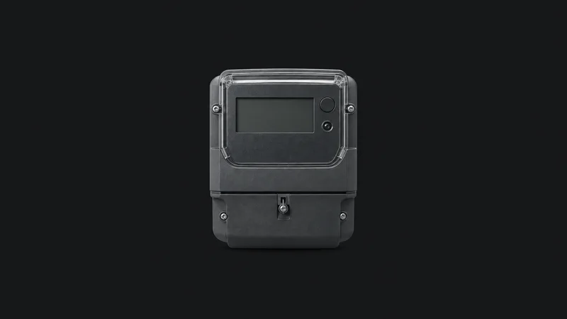Isolated a smart electricity meter housing with a blank display glass centred on a seamless deep charcoal near-black studio background, generous empty margin on every side for overlaid branding