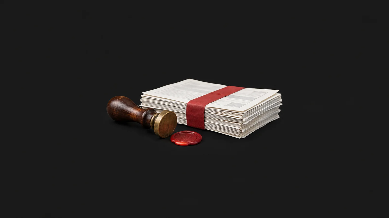 Isolated a customs-style wax stamp and a red-tape bound document bundle centred on a seamless deep charcoal near-black studio background, generous empty margin on every side for overlaid branding