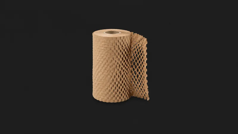 Isolated a rolled honeycomb paper wrap with a partly expanded edge centred on a seamless deep charcoal near-black studio background, generous empty margin on every side for overlaid branding
