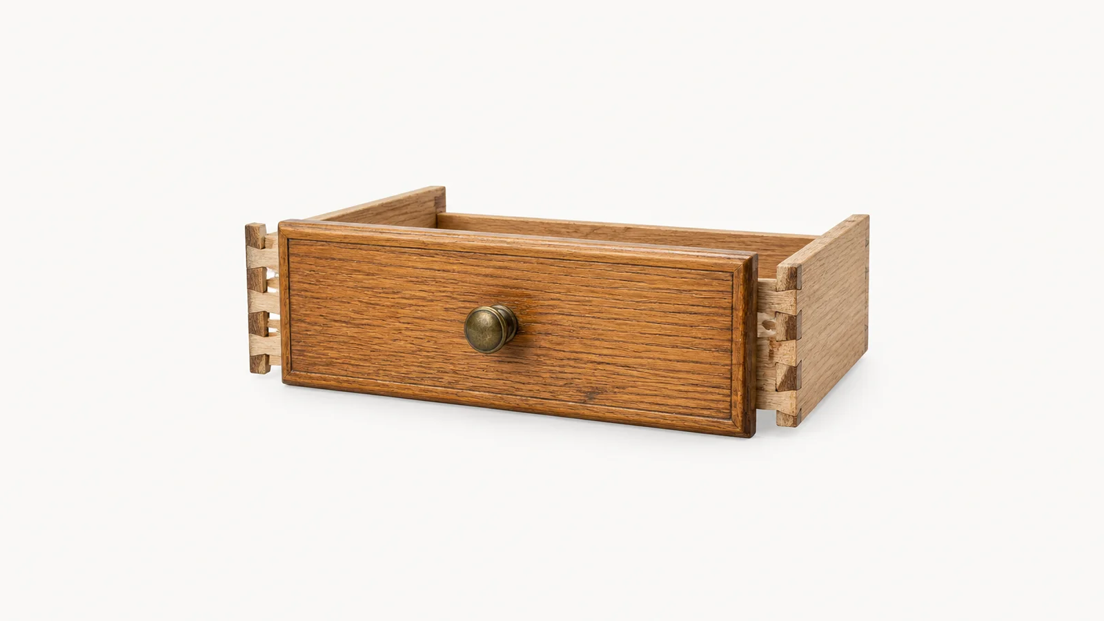 Isolated an oak drawer front with dovetail joints exposed for regluing centred on a seamless pale off-white studio background, generous empty margin on every side for overlaid branding