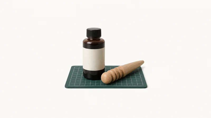 Isolated a bottle of edge dye beside a wooden slicker on a cutting mat centred on a seamless pale off-white studio background, generous empty margin on every side for overlaid branding