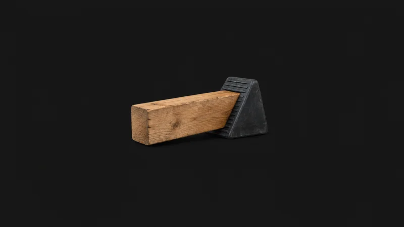 Isolated a wooden dunnage bar wedged with a rubber load-stop chock centred on a seamless deep charcoal near-black studio background, generous empty margin on every side for overlaid branding