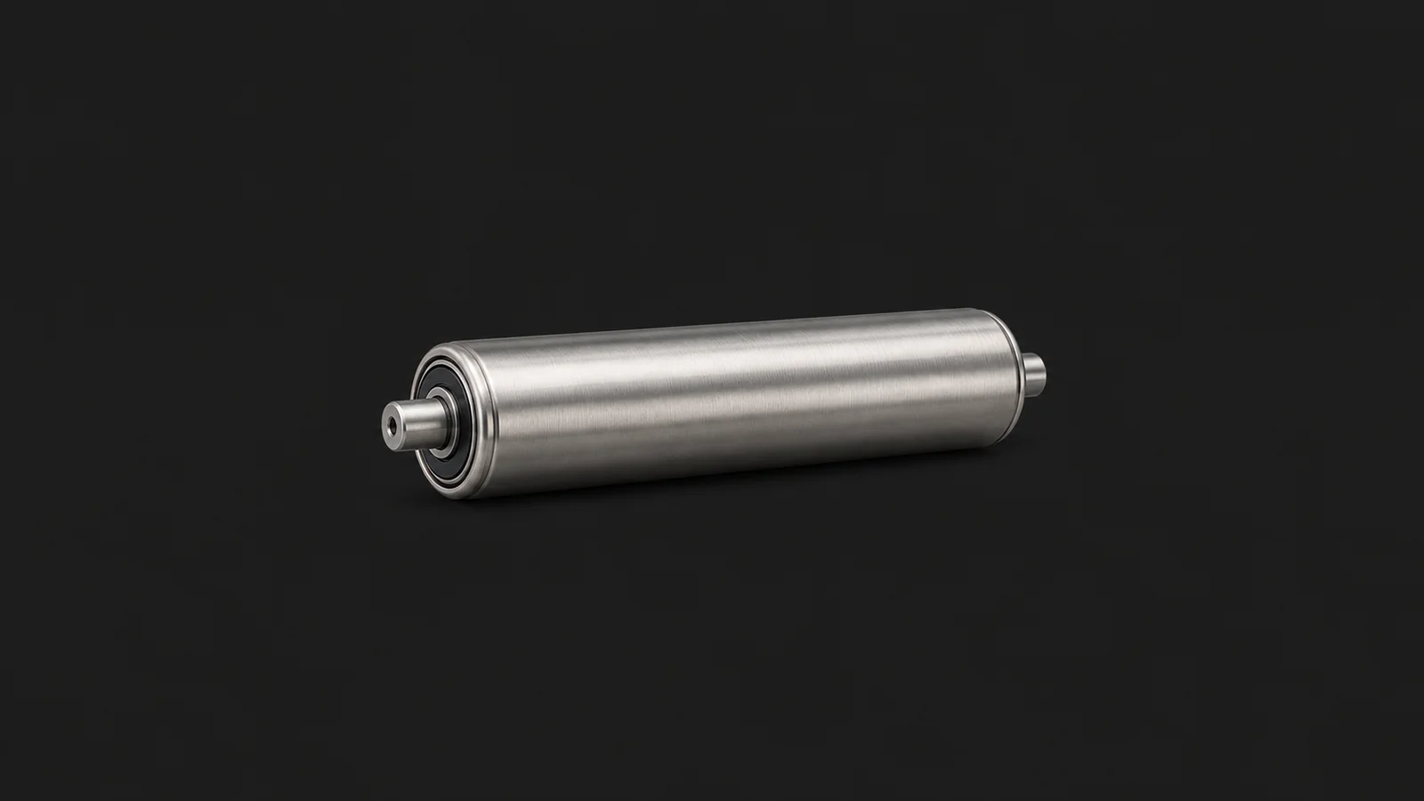 Isolated a stainless-steel conveyor roller with sealed bearings centred on a seamless deep charcoal near-black studio background, generous empty margin on every side for overlaid branding
